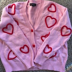 Women’s pink and red heart cardigan, size large